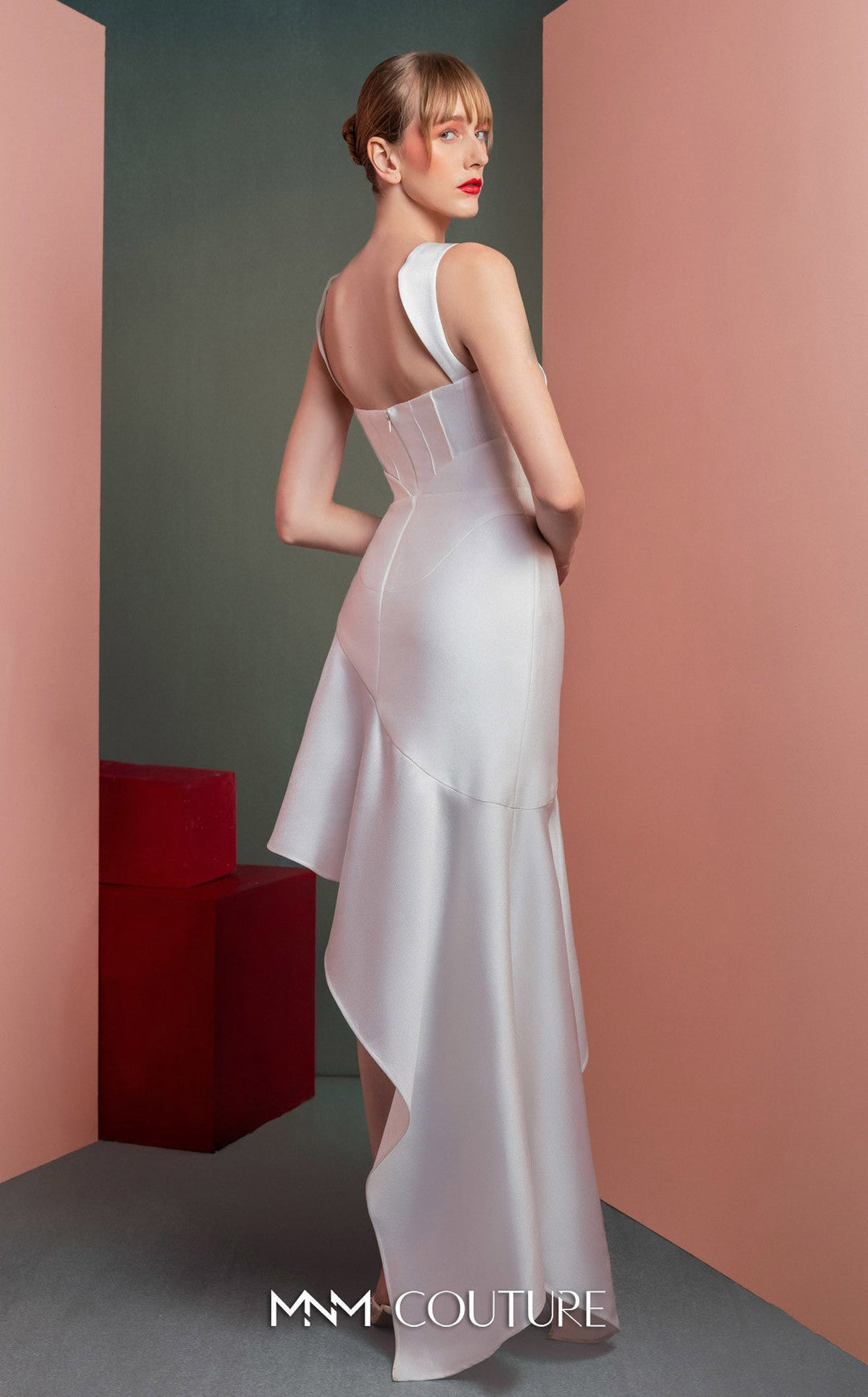 Gaby Charbachy GOF2517 square neck corset dress with asymmetric ruffle extension back view