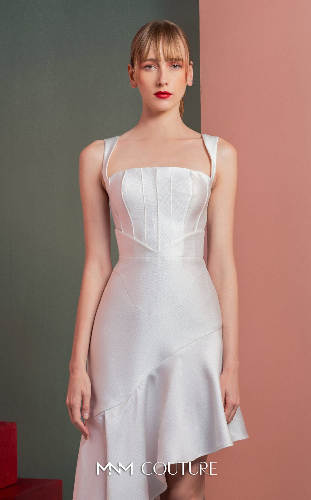 Gaby Charbachy GOF2517 square neck corset dress with asymmetric ruffle extension bodice detail