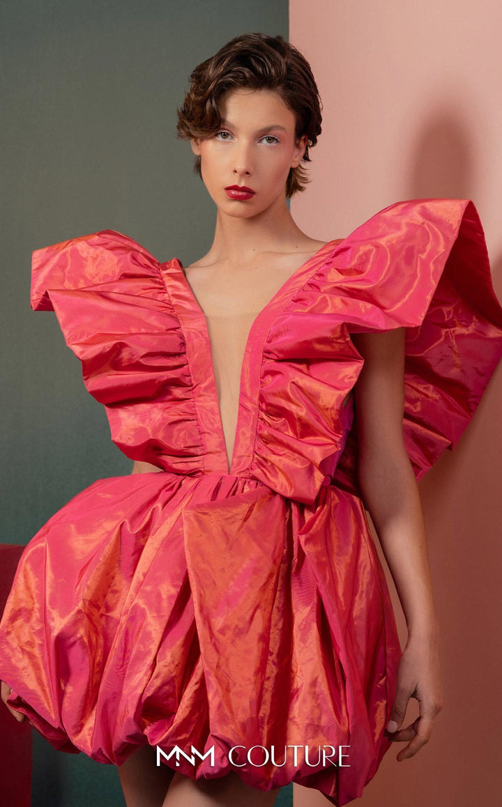 Gaby Charbachy GOF2518 plunging V-neck ruffle shoulder bubble mini dress bodice detail