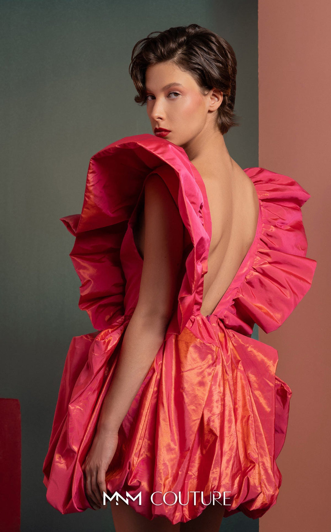 Gaby Charbachy GOF2518 plunging V-neck ruffle shoulder bubble mini dress back detail