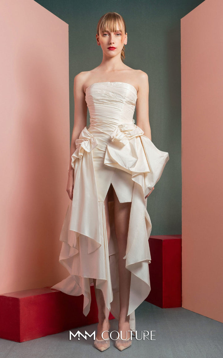 Gaby Charbachy GOF2519 strapless ruched dress with sculpted bows and high-low skirt front view