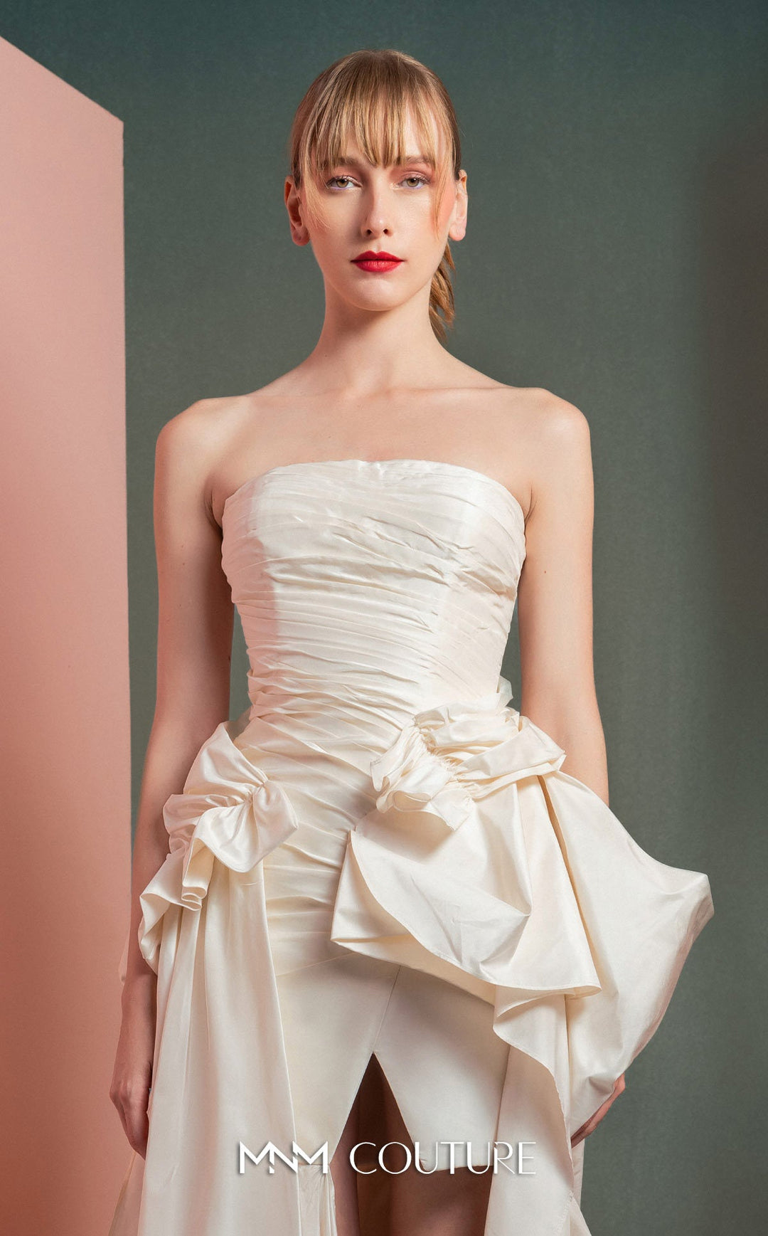 Gaby Charbachy GOF2519 strapless ruched dress with sculpted bows and high-low skirt bodice detail