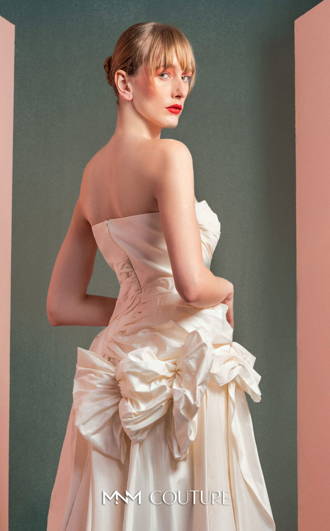 Gaby Charbachy GOF2519 strapless ruched dress with sculpted bows and high-low skirt back detail