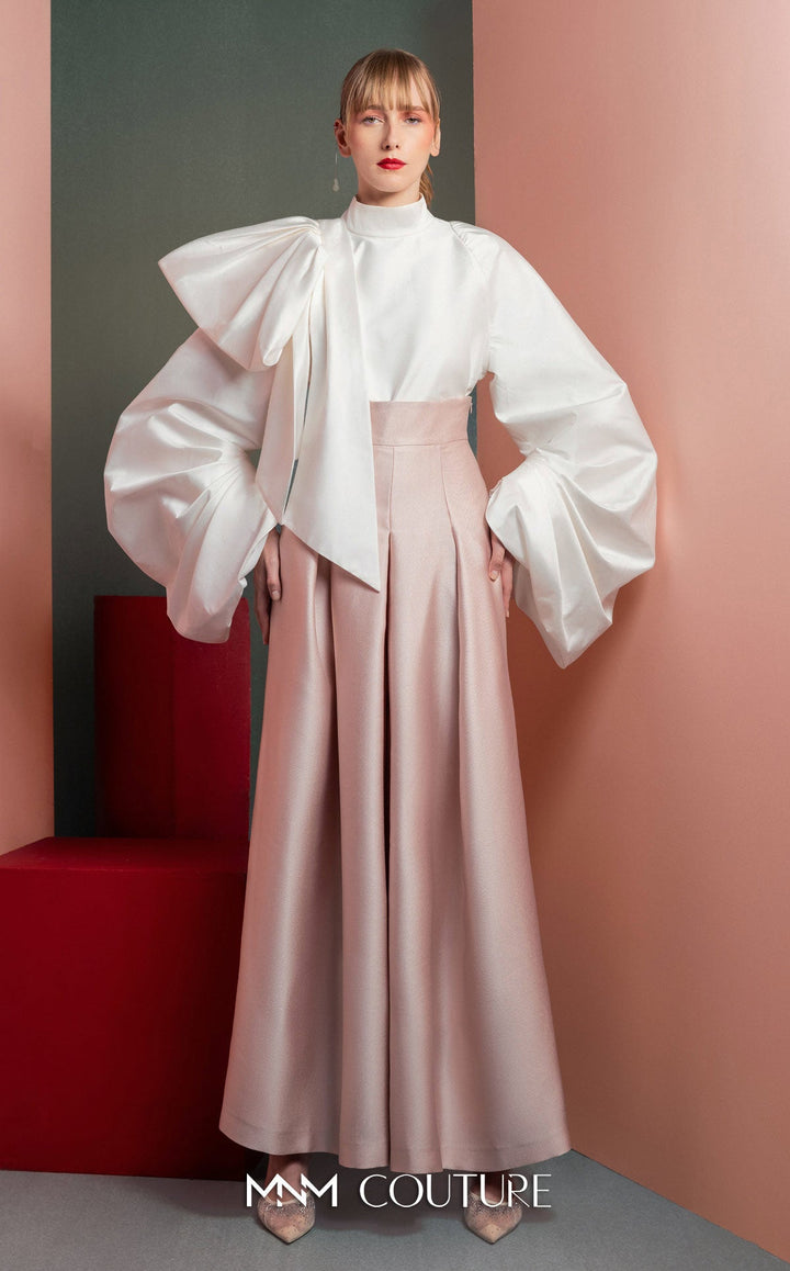 Gaby Charbachy GOF2523 high-neck bow blouse and pleated wide-leg pant set front view