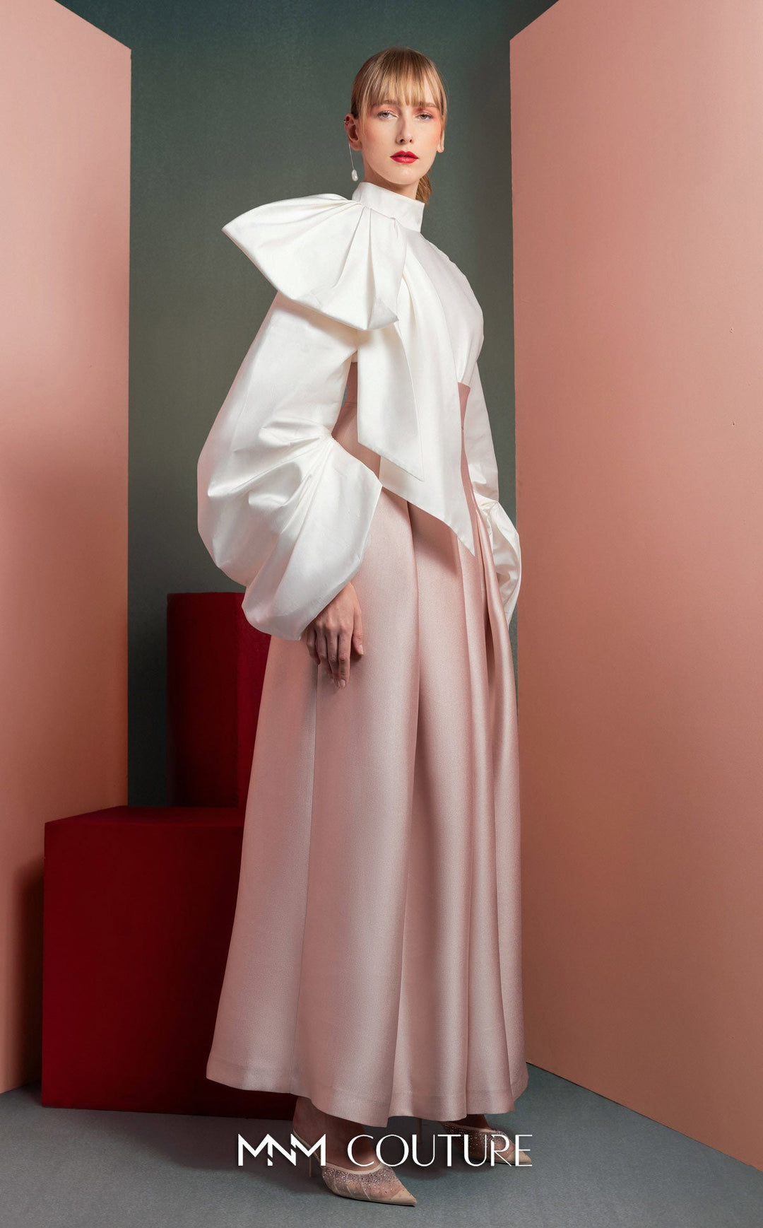 Gaby Charbachy GOF2523 high-neck bow blouse and pleated wide-leg pant set three-quarter view