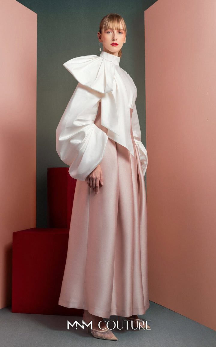 Gaby Charbachy GOF2523 high-neck bow blouse and pleated wide-leg pant set three-quarter view