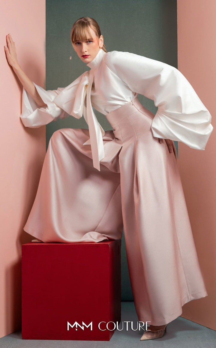 Gaby Charbachy GOF2523 high-neck bow blouse and pleated wide-leg pant set seated view