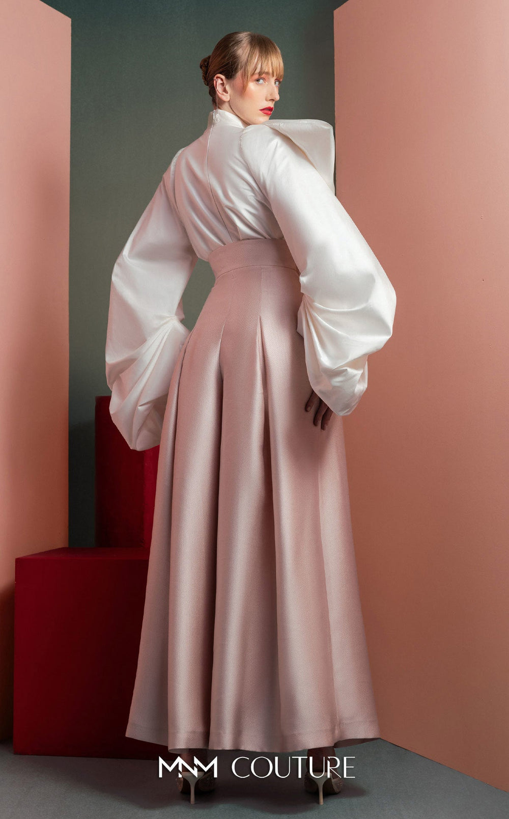 Gaby Charbachy GOF2523 high-neck bow blouse and pleated wide-leg pant set back view