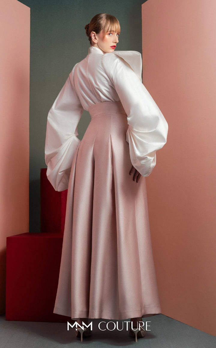 Gaby Charbachy GOF2523 high-neck bow blouse and pleated wide-leg pant set back view