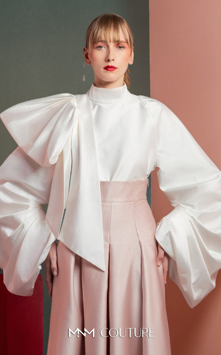 Gaby Charbachy GOF2523 high-neck bow blouse and pleated wide-leg pant set top detail
