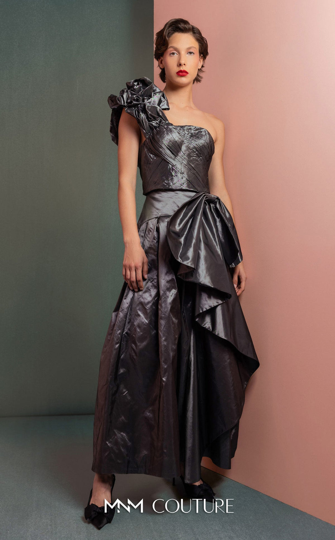 Gaby Charbachy GOF2524 one-shoulder floral strap gown with draped bow skirt front view