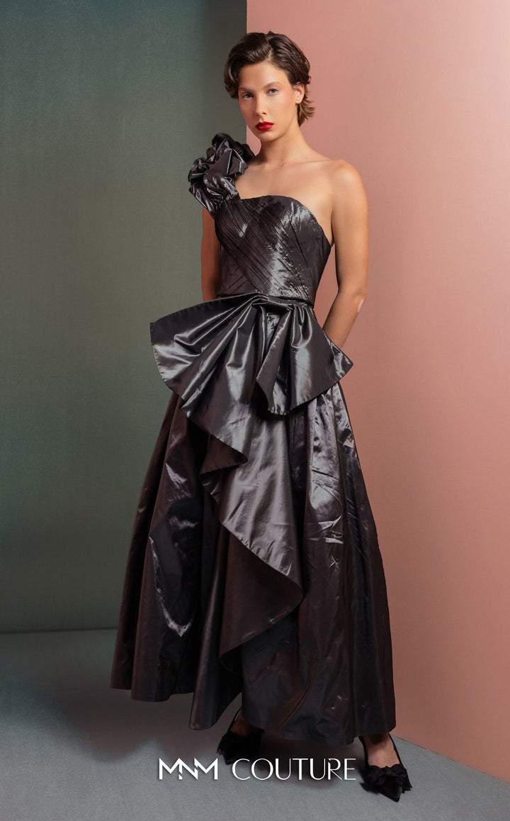 Gaby Charbachy GOF2524 one-shoulder floral strap gown with draped bow skirt three-quarter view