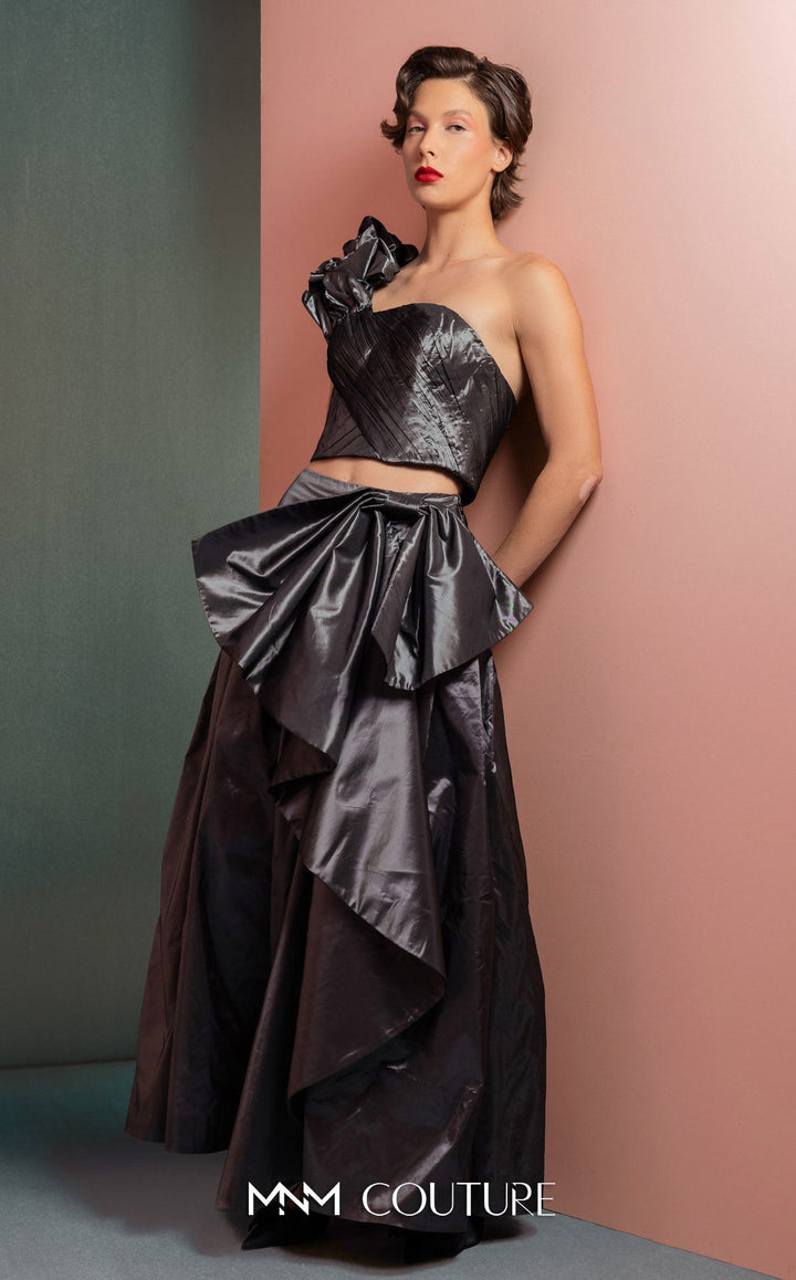 Gaby Charbachy GOF2524 one-shoulder floral strap gown with draped bow skirt front view with midriff