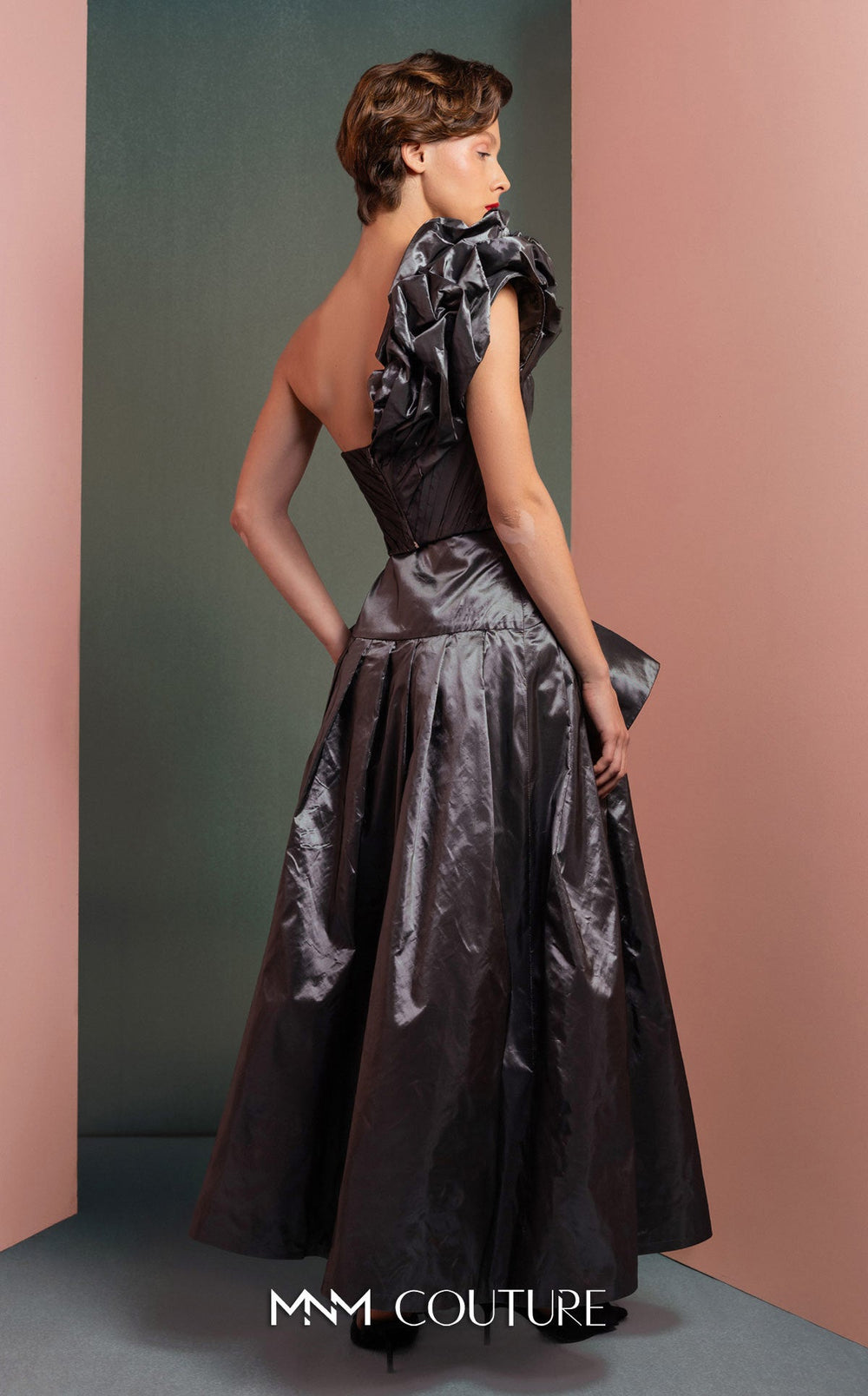 Gaby Charbachy GOF2524 one-shoulder floral strap gown with draped bow skirt back view