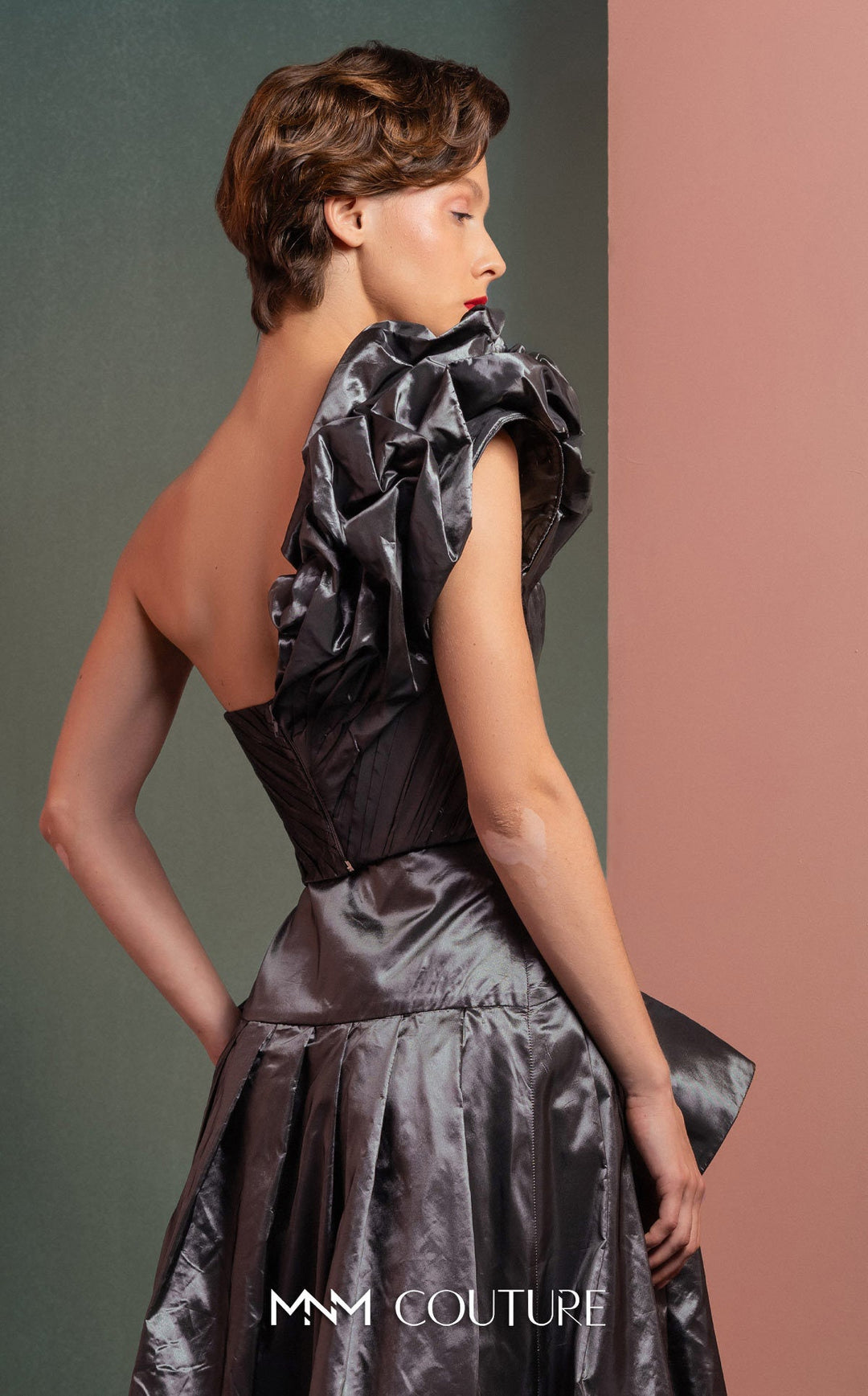 Gaby Charbachy GOF2524 one-shoulder floral strap gown with draped bow skirt back detail