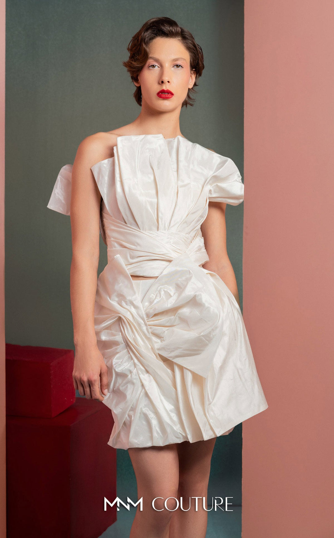 Gaby Charbachy GOF2527 asymmetric pleated neckline draped mini dress front view