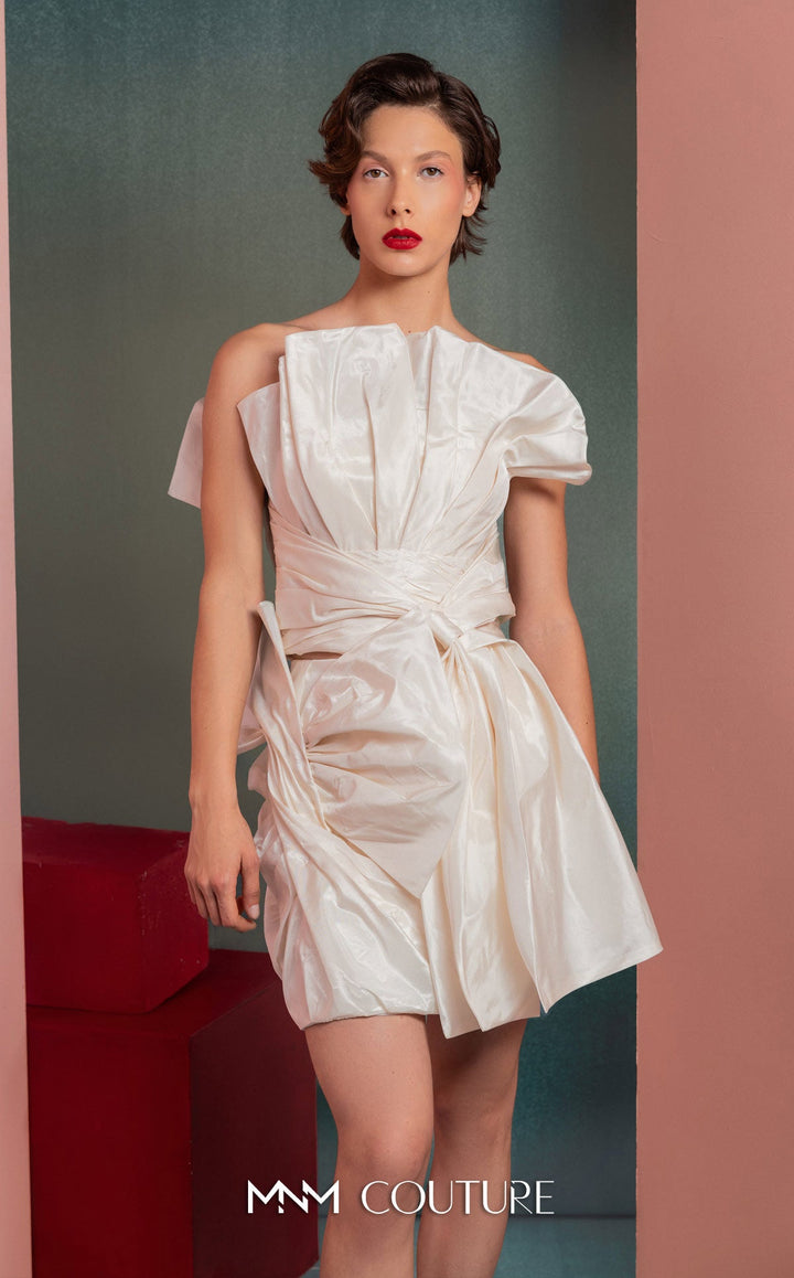 Gaby Charbachy GOF2527 asymmetric pleated neckline draped mini dress three-quarter view