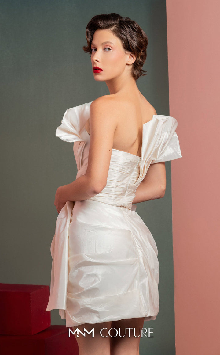 Gaby Charbachy GOF2527 asymmetric pleated neckline draped mini dress back view