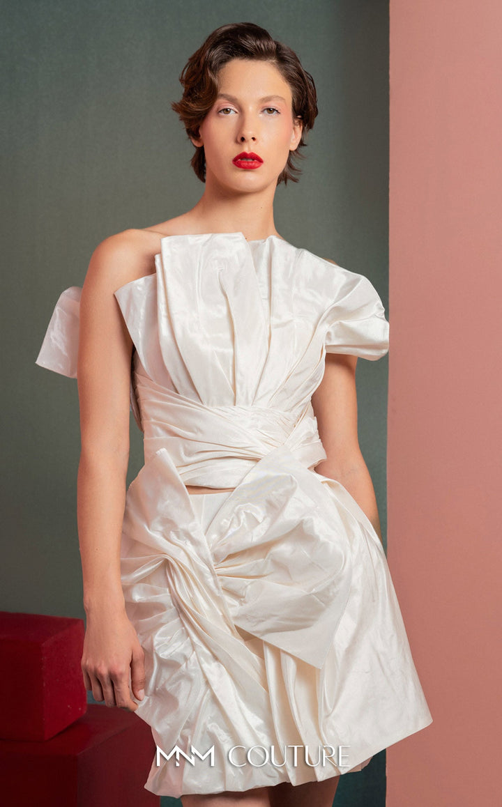 Gaby Charbachy GOF2527 asymmetric pleated neckline draped mini dress bodice detail