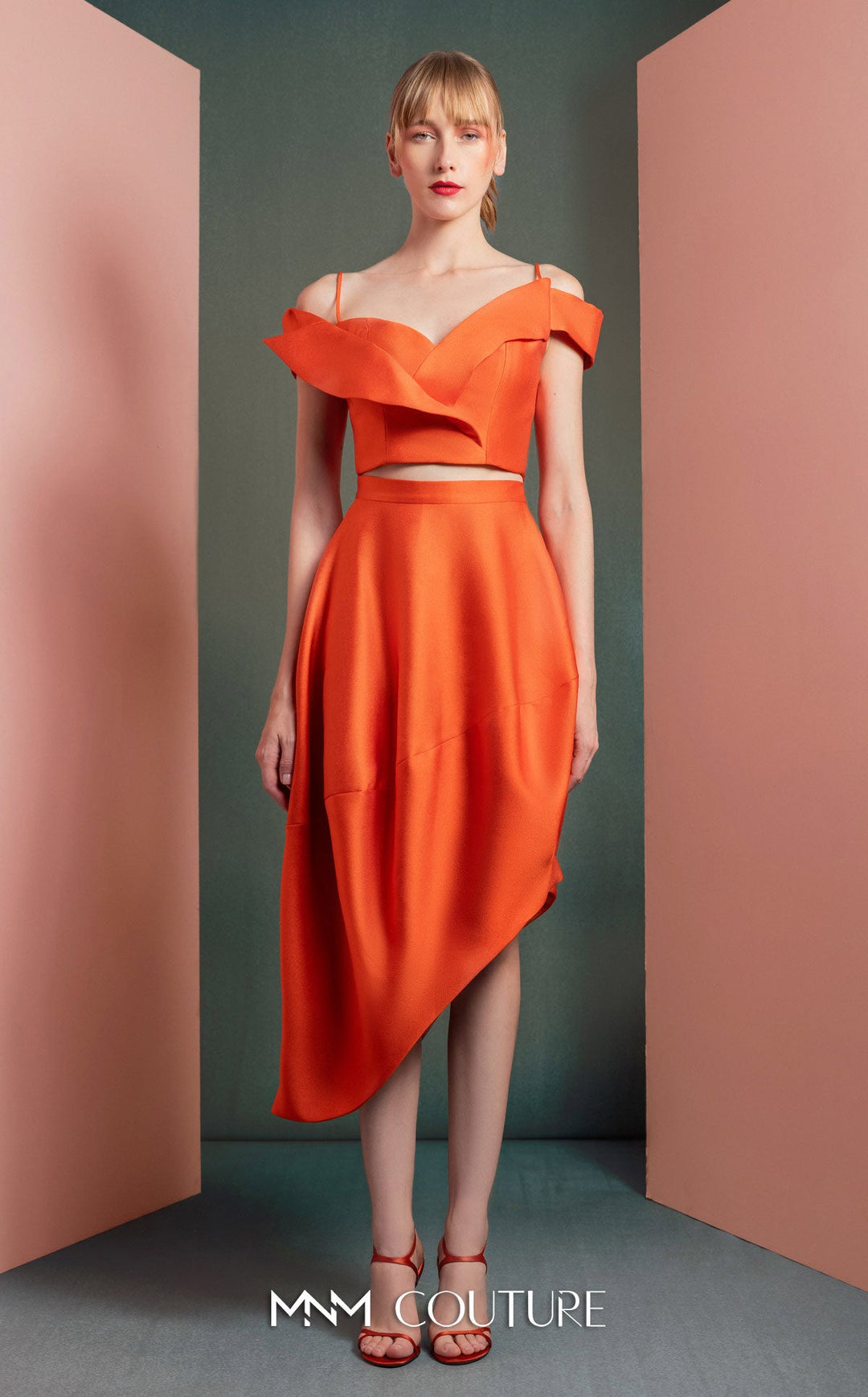 Gaby Charbachy GOF2537 off-the-shoulder crop top and asymmetric bubble skirt set front view