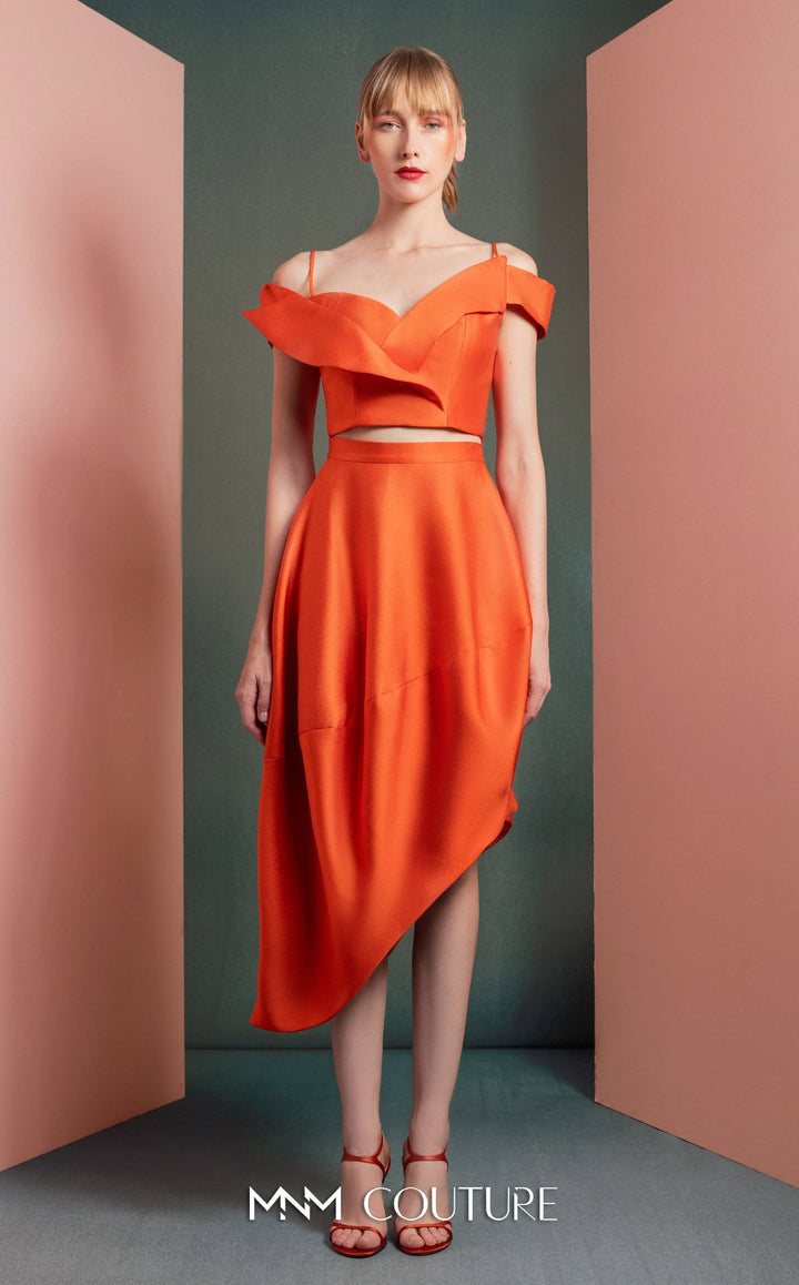 Gaby Charbachy GOF2537 off-the-shoulder crop top and asymmetric bubble skirt set front view