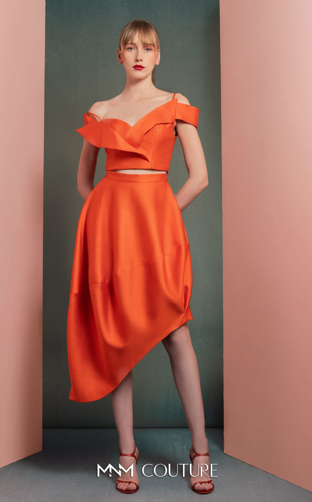 Gaby Charbachy GOF2537 off-the-shoulder crop top and asymmetric bubble skirt set three-quarter view