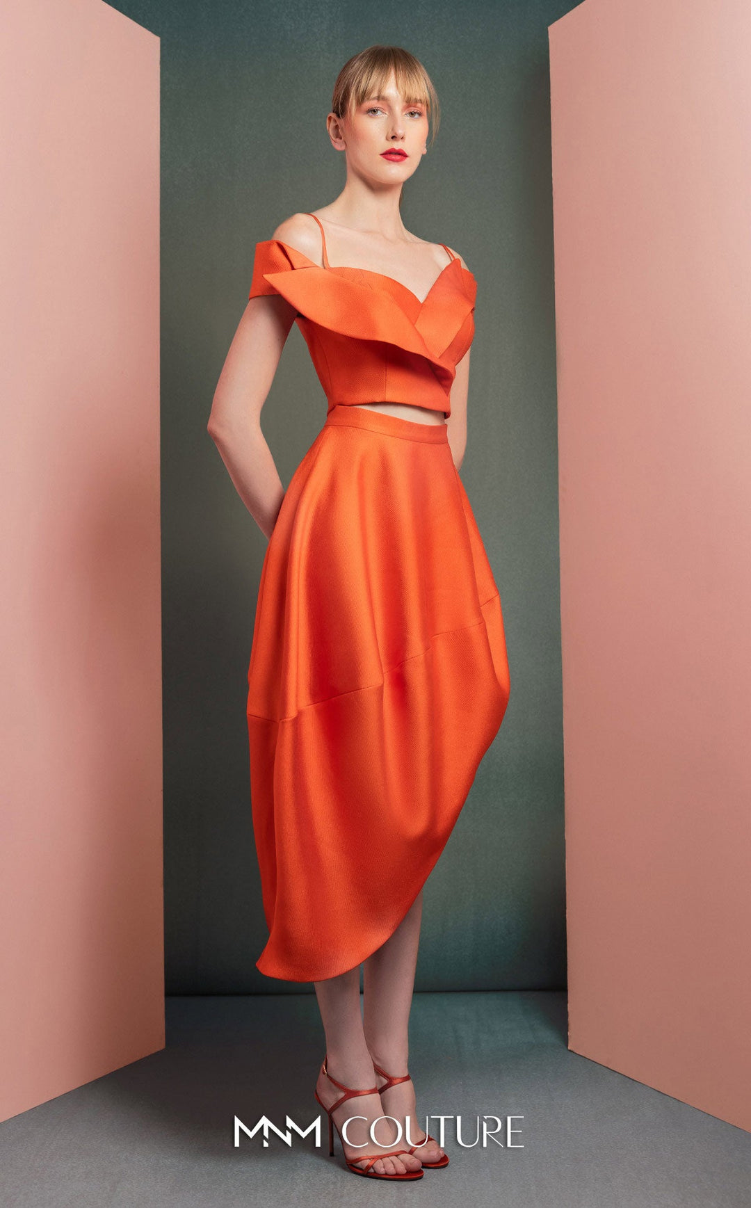 Gaby Charbachy GOF2537 off-the-shoulder crop top and asymmetric bubble skirt set side view