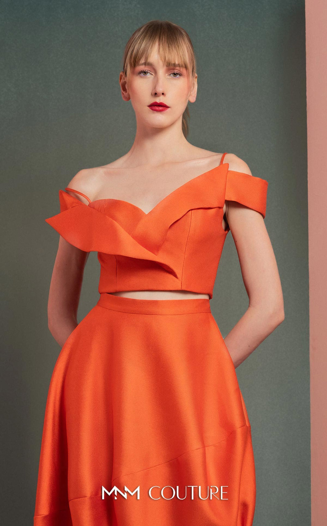 Gaby Charbachy GOF2537 off-the-shoulder crop top and asymmetric bubble skirt set top detail