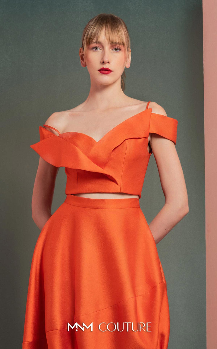 Gaby Charbachy GOF2537 off-the-shoulder crop top and asymmetric bubble skirt set top detail