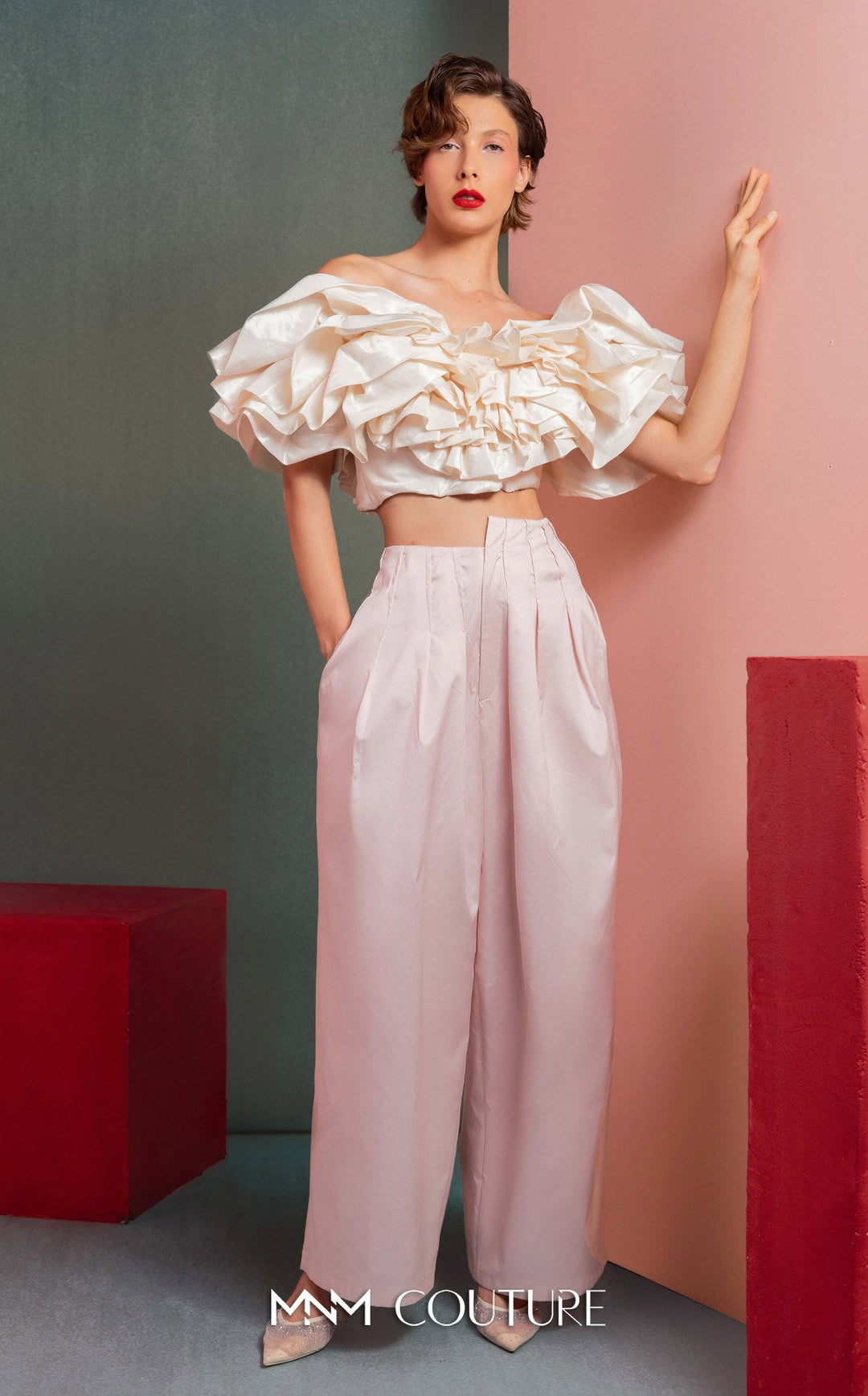 Gaby Charbachy GOF2538 off-the-shoulder ruffle crop top and wide-leg pant set front view