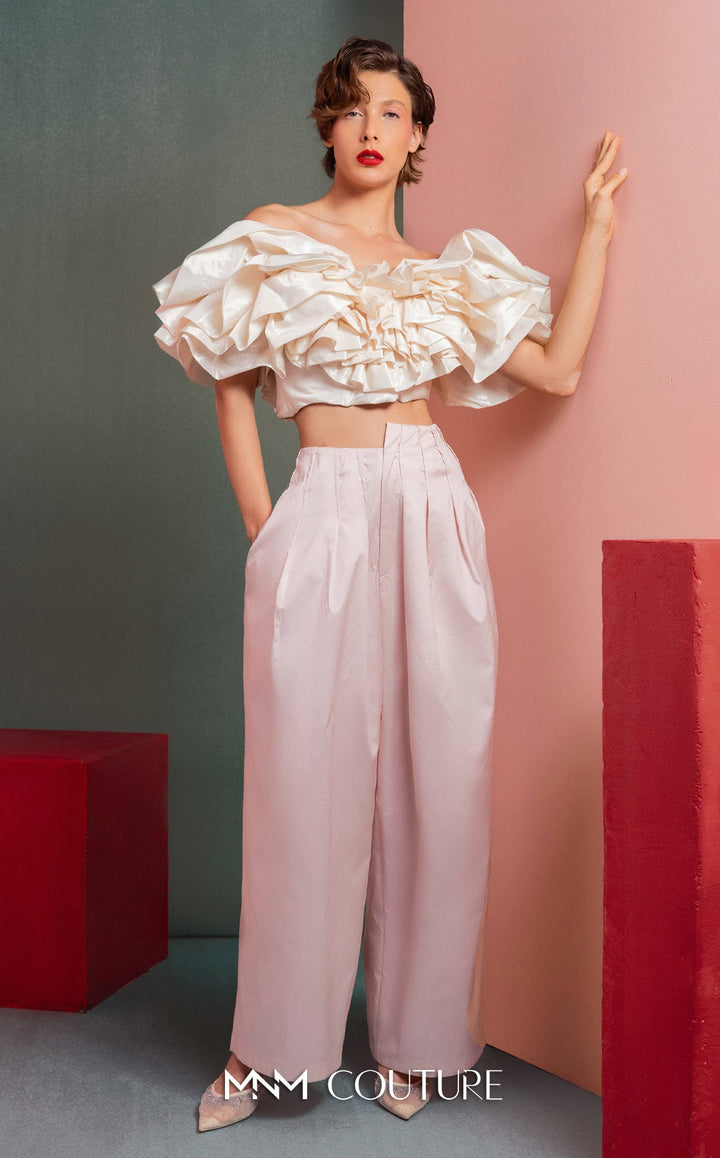 Gaby Charbachy GOF2538 off-the-shoulder ruffle crop top and wide-leg pant set three-quarter view