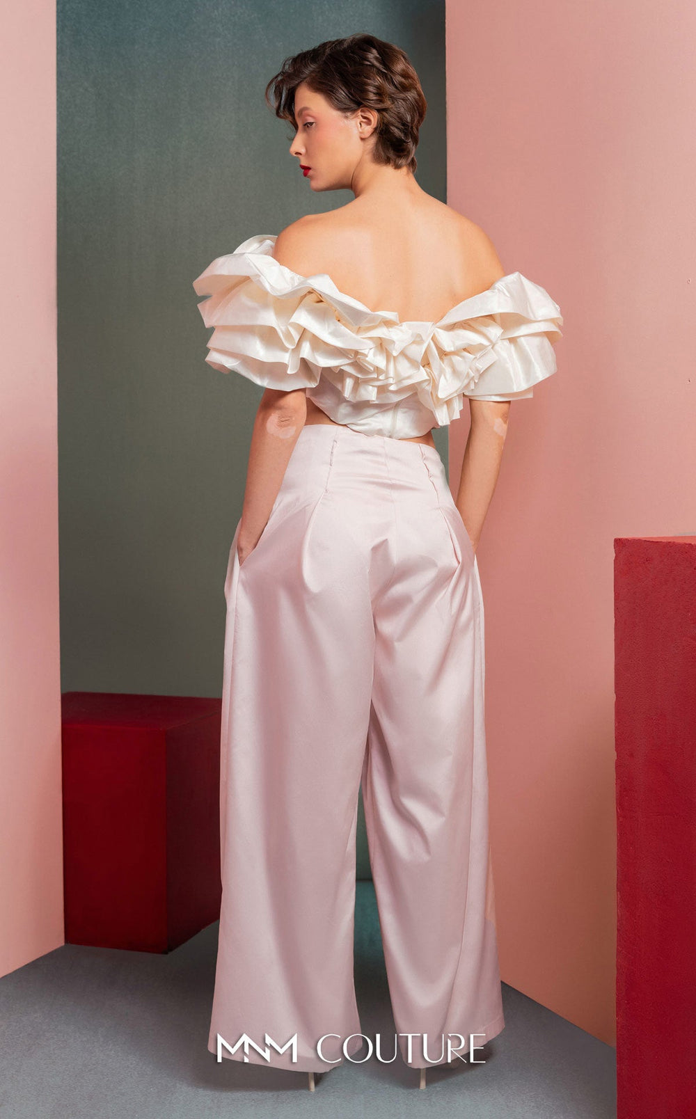 Gaby Charbachy GOF2538 off-the-shoulder ruffle crop top and wide-leg pant set back view