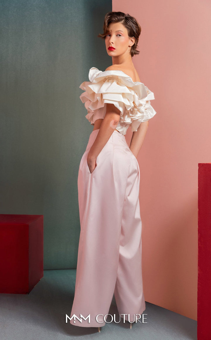 Gaby Charbachy GOF2538 off-the-shoulder ruffle crop top and wide-leg pant set side view