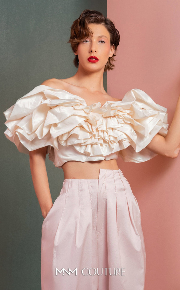 Gaby Charbachy GOF2538 off-the-shoulder ruffle crop top and wide-leg pant set top detail