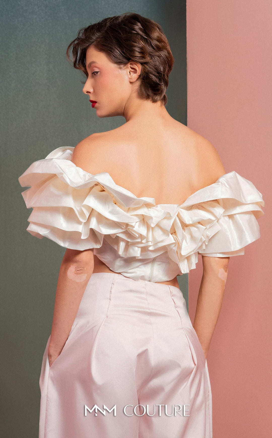 Gaby Charbachy GOF2538 off-the-shoulder ruffle crop top and wide-leg pant set back detail