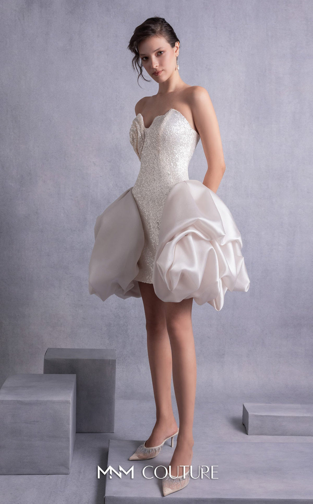 Gaby Charbachy GOS2501 strapless sweetheart embellished mini dress with puff panels front view