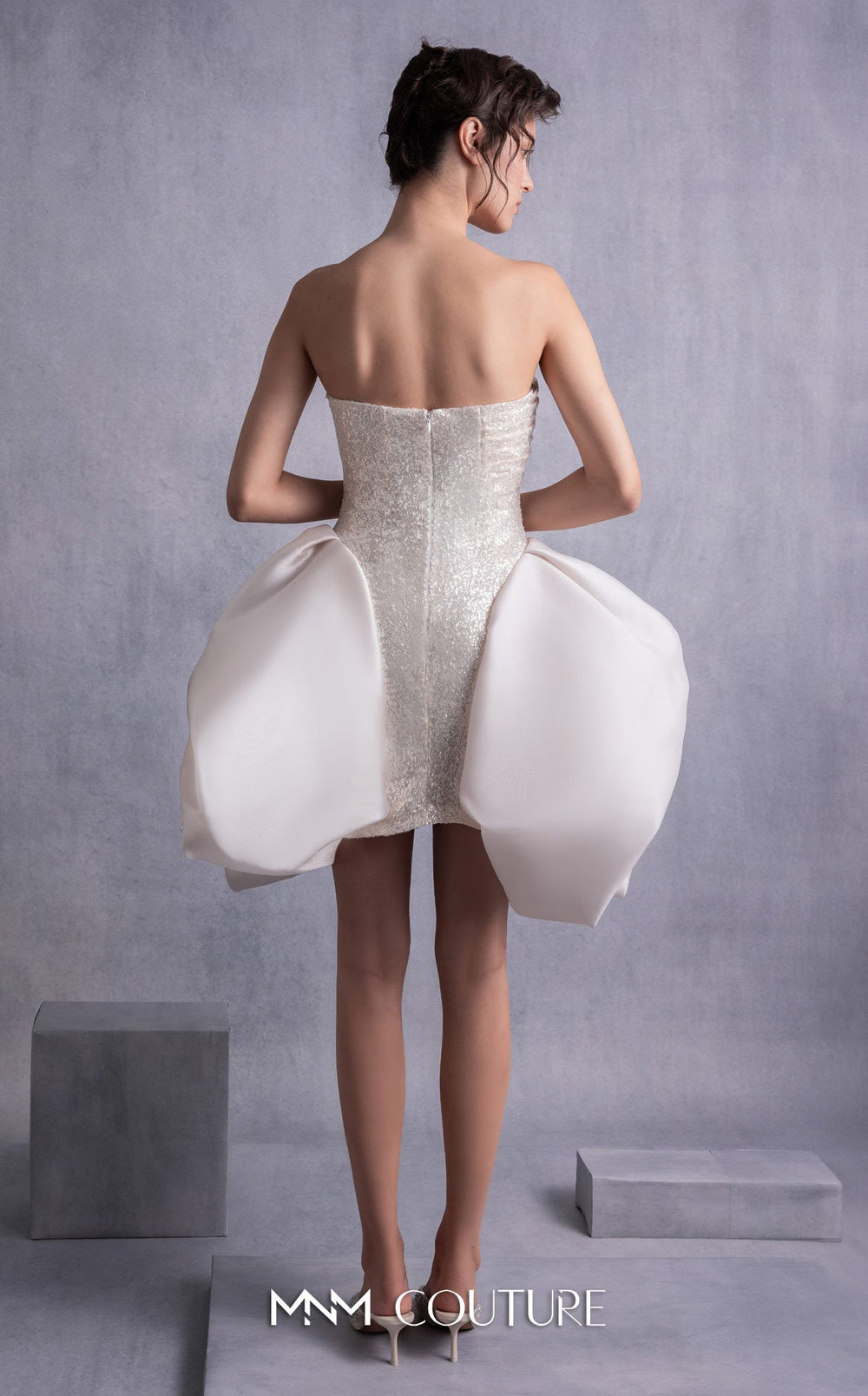Gaby Charbachy GOS2501 strapless sweetheart embellished mini dress with puff panels back view