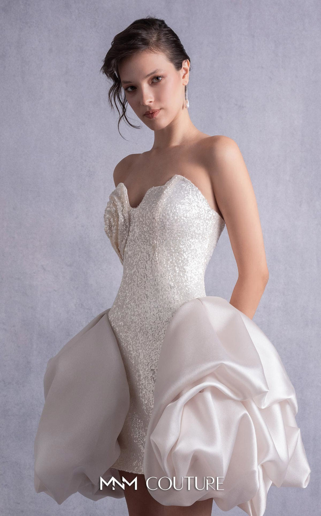 Gaby Charbachy GOS2501 strapless sweetheart embellished mini dress with puff panels bodice detail