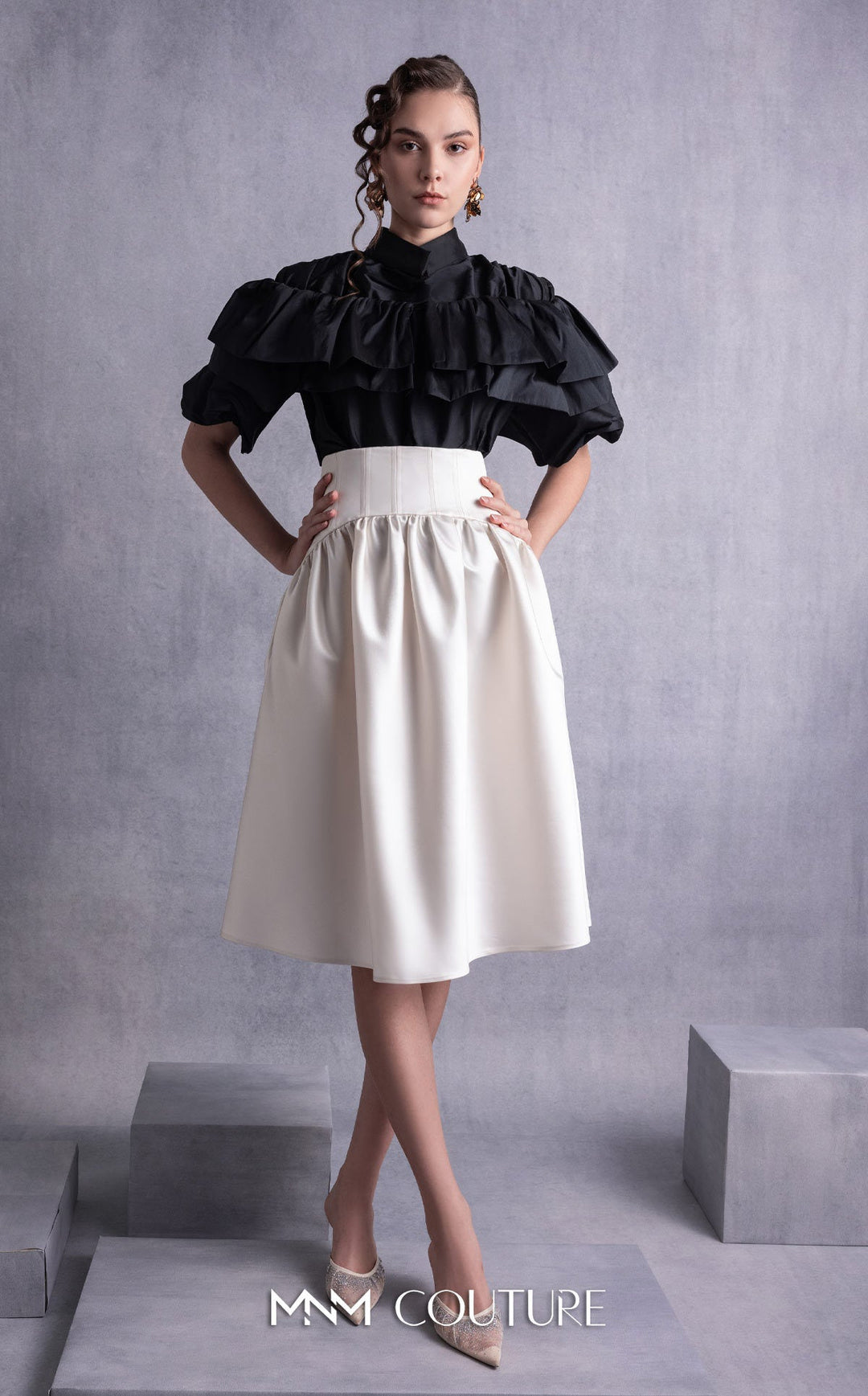 Gaby Charbachy GOS2506 tiered ruffle collar blouse and corset waist full skirt set front view
