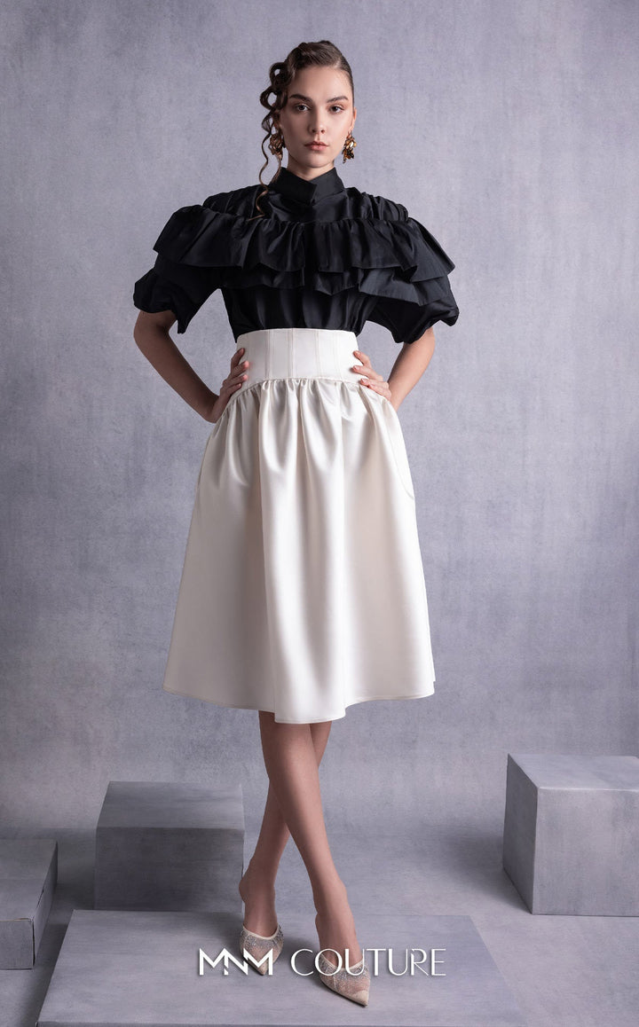 Gaby Charbachy GOS2506 tiered ruffle collar blouse and corset waist full skirt set front view