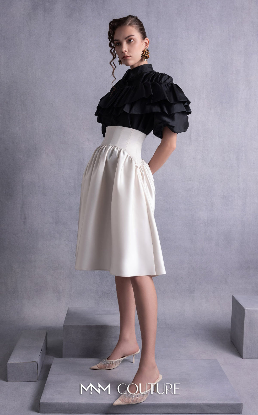 Gaby Charbachy GOS2506 tiered ruffle collar blouse and corset waist full skirt set three-quarter view