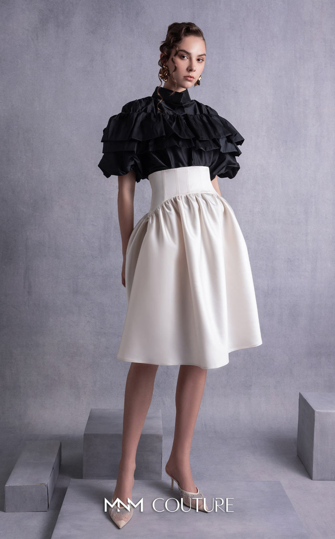 Gaby Charbachy GOS2506 tiered ruffle collar blouse and corset waist full skirt set side view