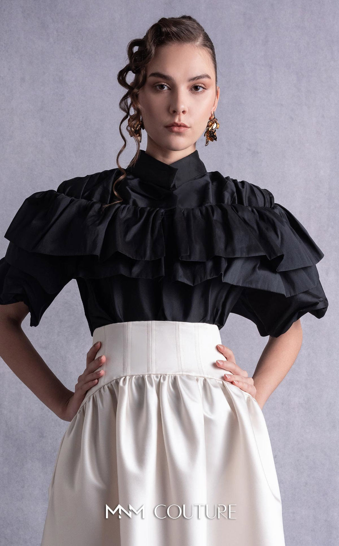Gaby Charbachy GOS2506 tiered ruffle collar blouse and corset waist full skirt set top detail