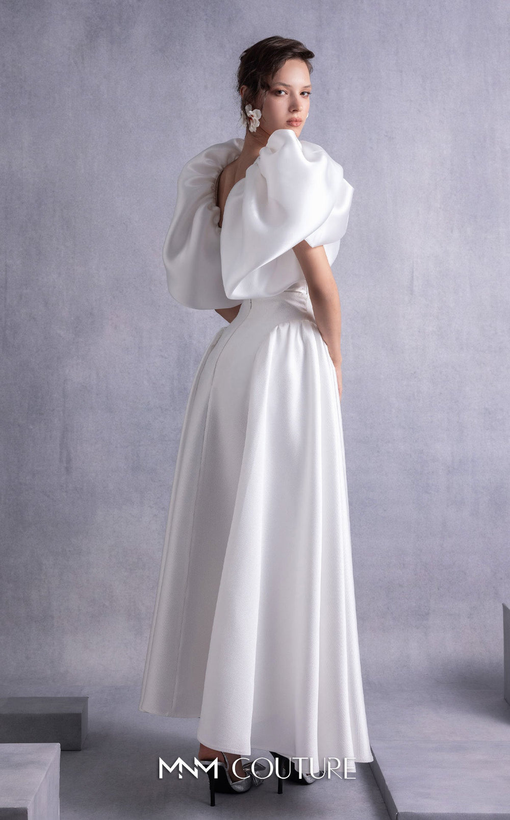 Gaby Charbachy GOS2510 sculpted bow sleeve A-line dress back view