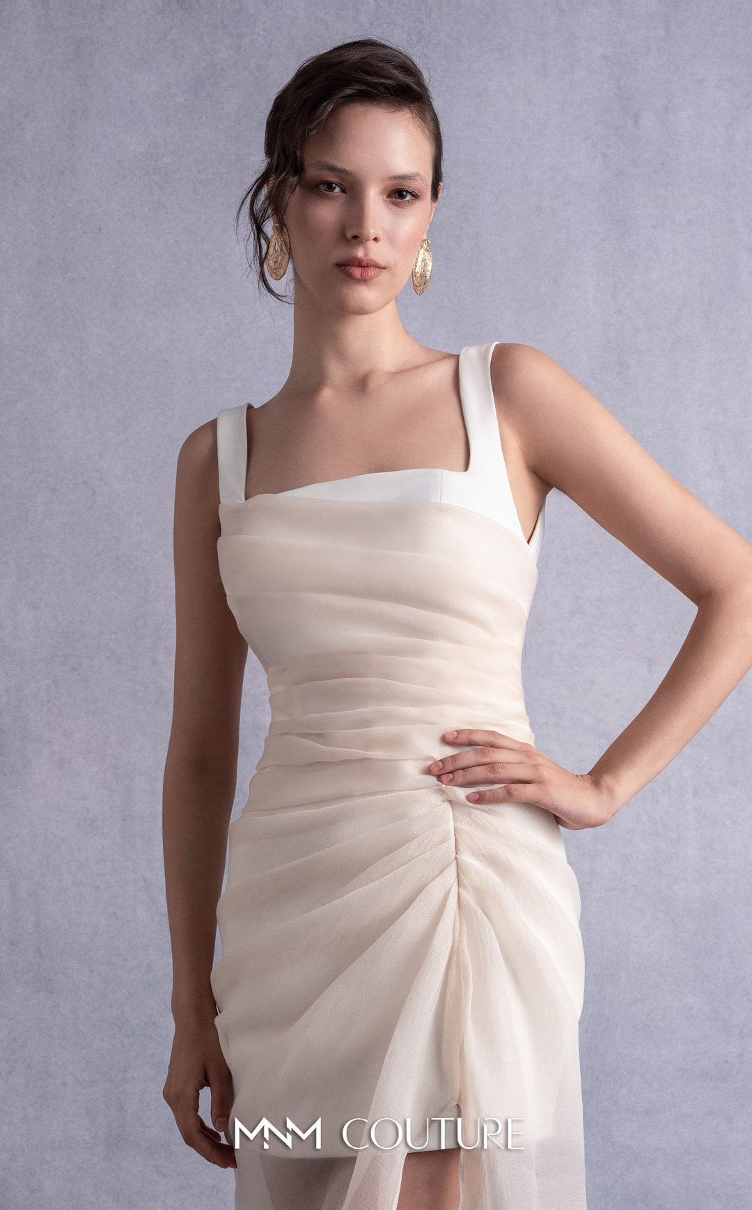 Gaby Charbachy GOS2511 square neck ruched dress with sheer overskirt bodice detail