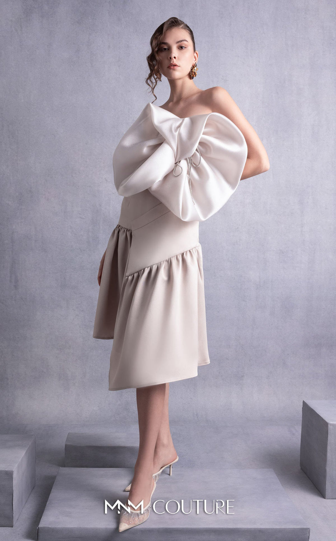 Gaby Charbachy GOS2512 strapless oversized bow dress with dropped waist three-quarter view