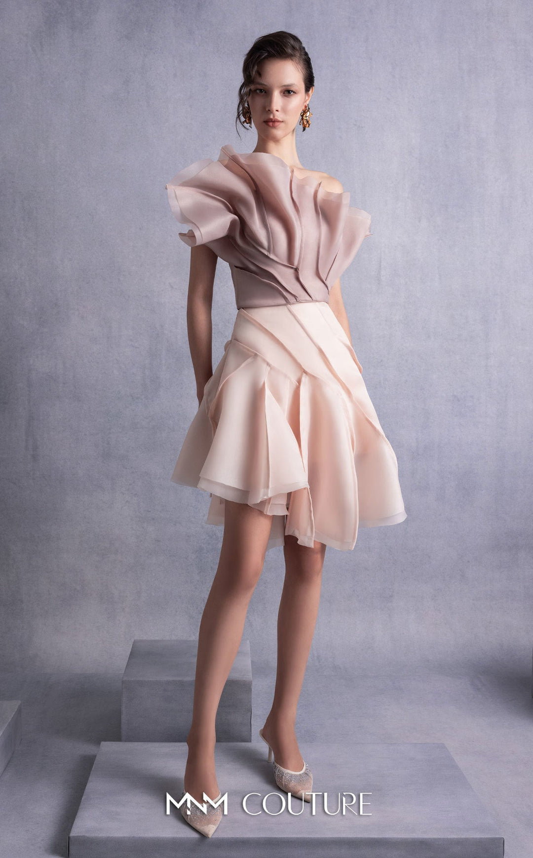 Gaby Charbachy GOS2514 strapless sculpted ruffle bodice dress with layered skirt front view