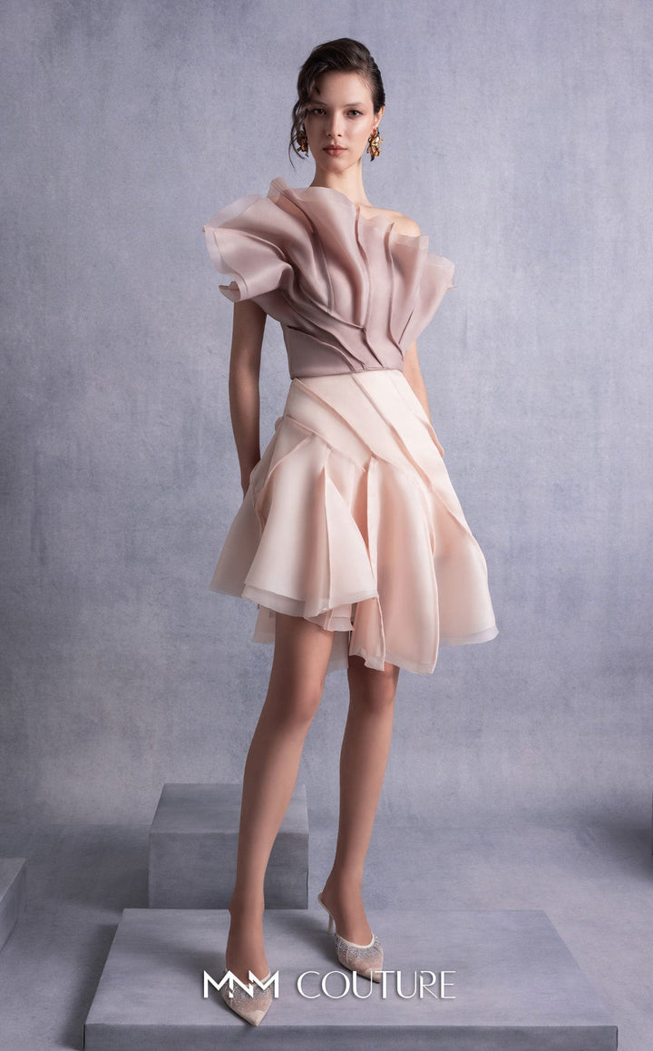 Gaby Charbachy GOS2514 strapless sculpted ruffle bodice dress with layered skirt front view