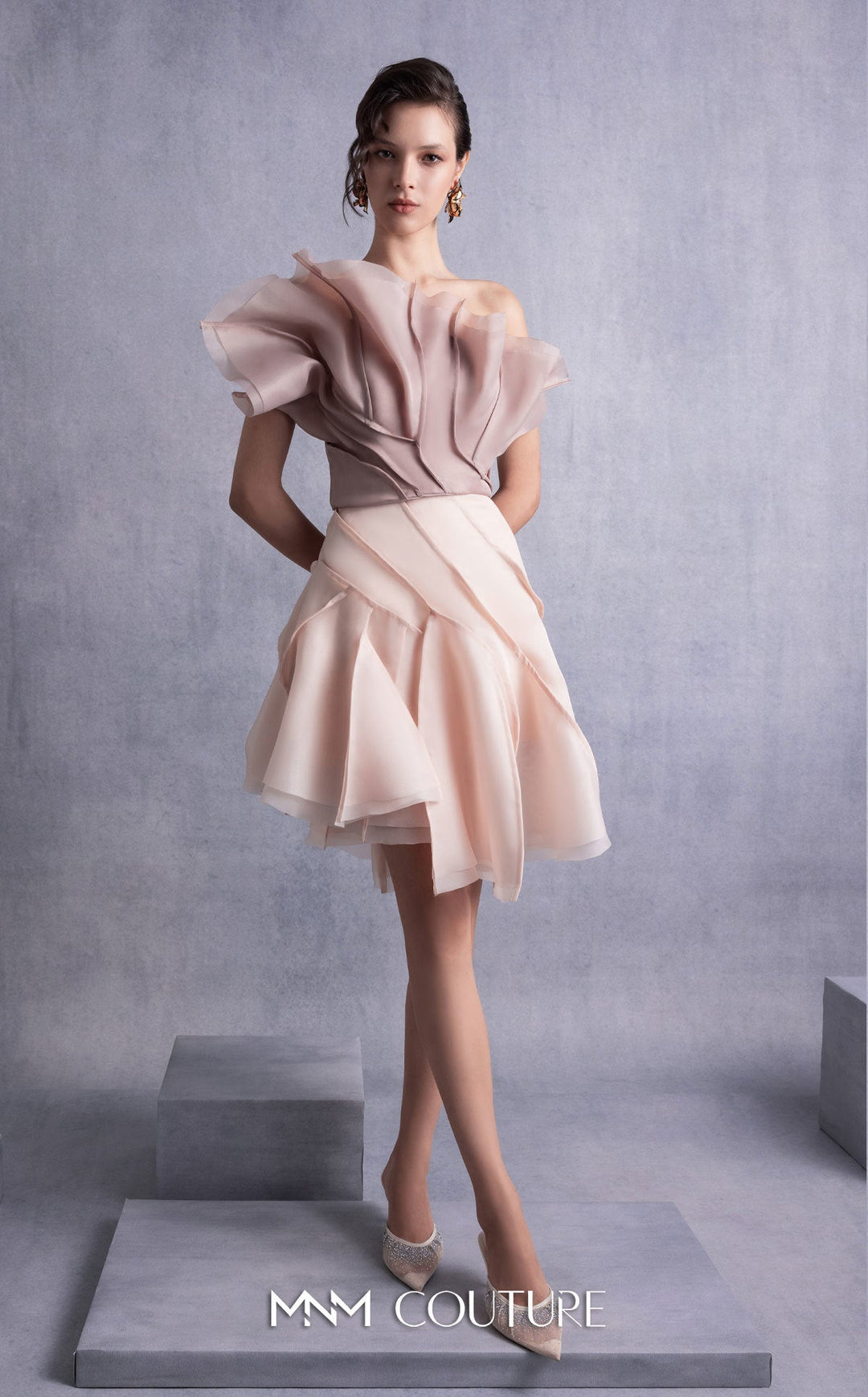 Gaby Charbachy GOS2514 strapless sculpted ruffle bodice dress with layered skirt side view