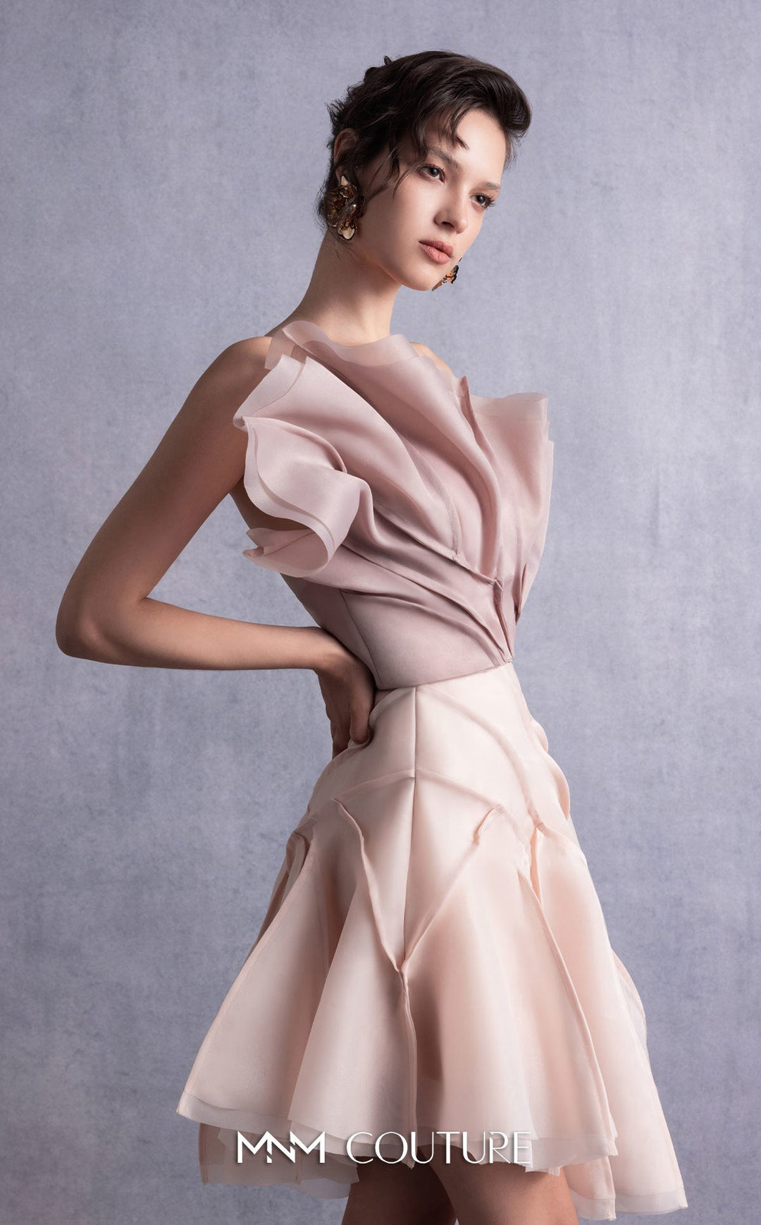 Gaby Charbachy GOS2514 strapless sculpted ruffle bodice dress with layered skirt three-quarter view